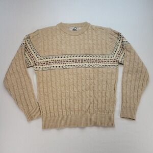 Vintage Steep Slopes Mens Large Beige Fair Isle Nordic Ski Cable Knit Crewneck